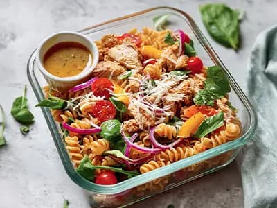 Makaronowa sałatka z kurczakiem i warzywami - Luncher Policzona Szama